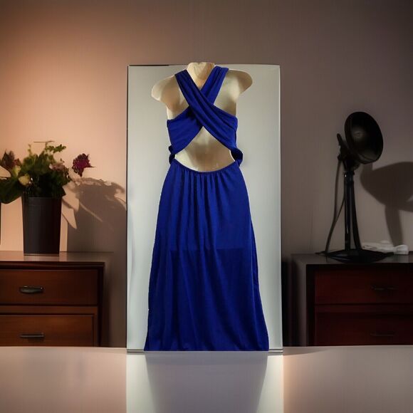 Poof Couture Dress Womens M Crisscross Maxi Electric Blue Long Slit Glamcore - Picture 2 of 11